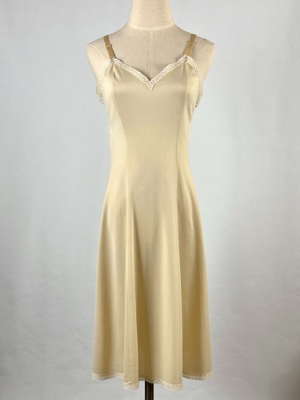 Vintage Beige Full Slip Dress Princess Seam Lace Trim Nylon Neutral Sweetheart